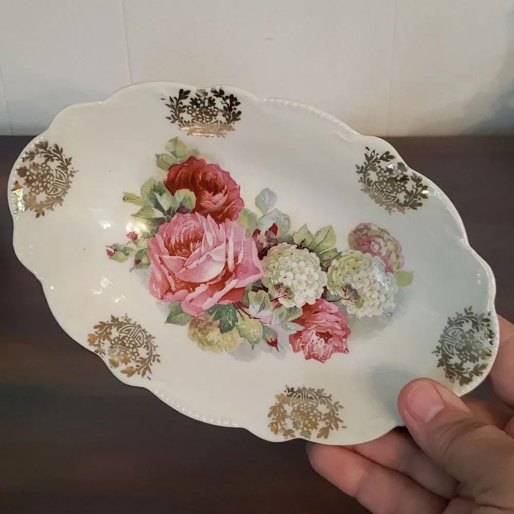 Gorgeous Handpainted Vintage Porcelain Floral Small Serving Dish Made in Germany